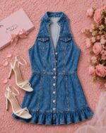 Robe Mini Denim — Col V Plongeant & Volants | Amoura – Image 2