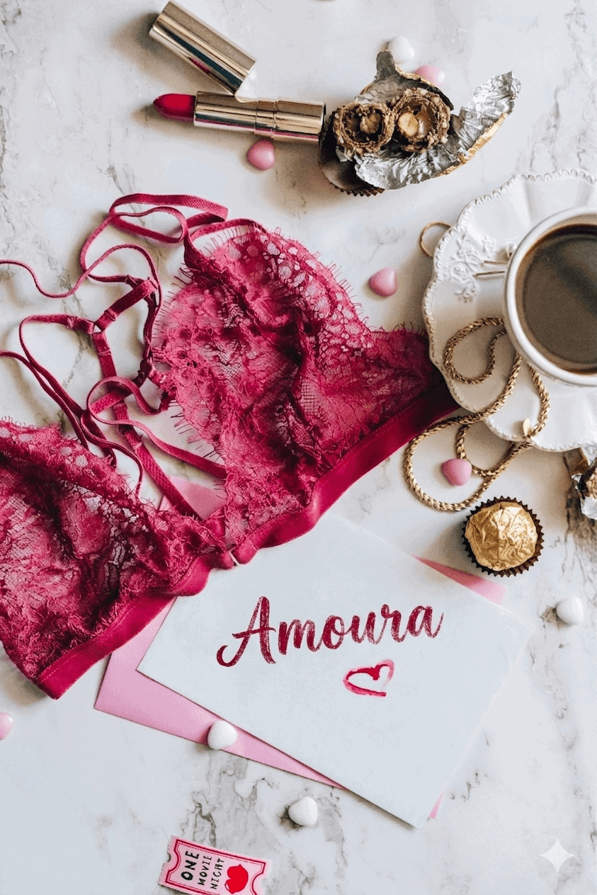 Lingerie en dentelle rose avec accessoires de beauté et café sur fond blanc.